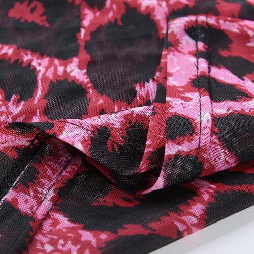 Pink Leopard Mesh T-shirt Female Crop Top 2021 Fashion Transparent Sexy Perspective T Shirt Women Long Sleeve Slim T-shirts Tops