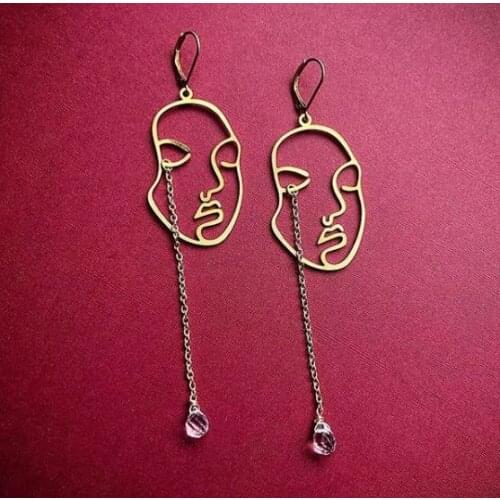 Sad Girl Gold Plated Earrings Face Earring Crying ClearTeardrops Statement Jewelry