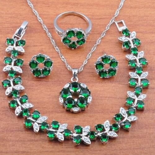 Bridal Costume Silver Color Green Cubia Zirconia Women Wedding Jewelry Sets Stud Earrings Necklace Bracelet Ring Sets JS382
