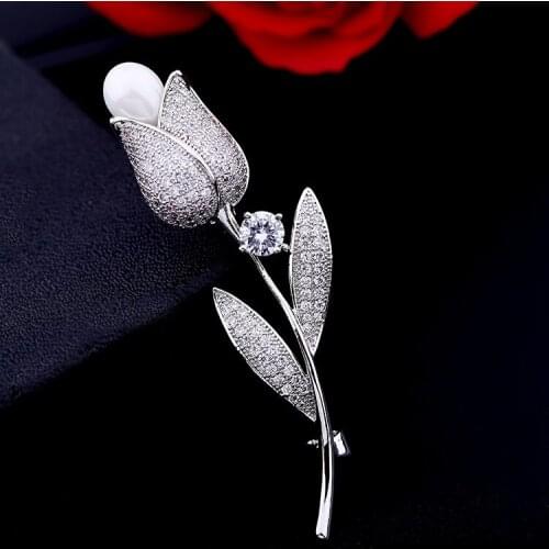 SWOUR New Bridal Jewelry S925 Sterling Silver Rose Flower Pearl Design Micro Cubic Zircon CZ Brooch High Quality S046