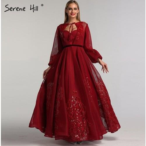 Wine Red Long Sleeve Sexy Evening Dresses 2020 Handmade Flowers Sequined Tulle Long Evening Gowns Serene Hill BLA60810