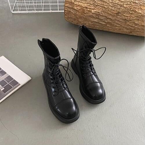 2021 Women New Autumn Winter Lace Up Ankle Boots Female Platform Zip Shoes Ladies PU Leather Vintage Comfortable Footwear