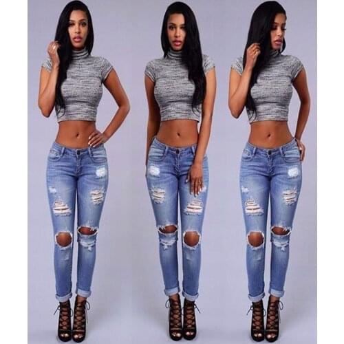 Women High Waist Denim Casual Skinny Jeans Big Size Ripped Pants Holes Slim Pants Stretched