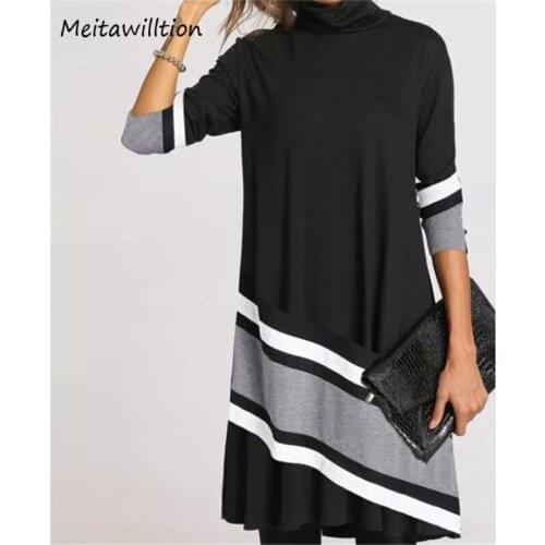 2020 Autumn Spring Women Turtleneck Vintage Print Dress Ladies Long Sleeve Elegant Patchwork Dress Female Loose Casual Dress
