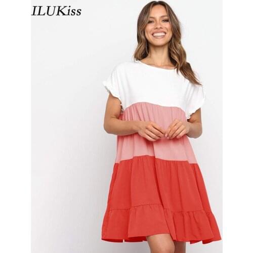 Summer loose woman short sleeve dress 2021 fashion women clothing o neck solid patchwork ruffles oversize mini dresses casual