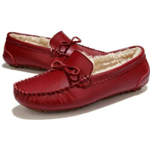 Winter Fur Women Loafers Slip-on Leather Ladies Flats Warm Plush Driving Boat Shoes Woman Moccasins New Casual Female Solid Shoe