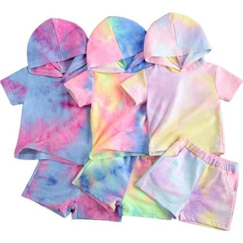 2Pcs Tie-dyed Clothes Suit Short Sleeve Hooded Pullover Top with Elastic Short Pants Set Fashionable Casual Suit