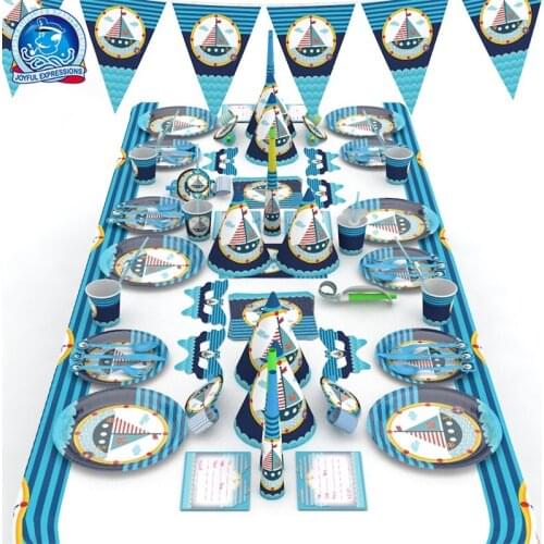 2021 New Children Birthday Sailing Blue Theme Birthday Party Banquets Decoration Props Paper Banner Plate Combination 90pcs/Set