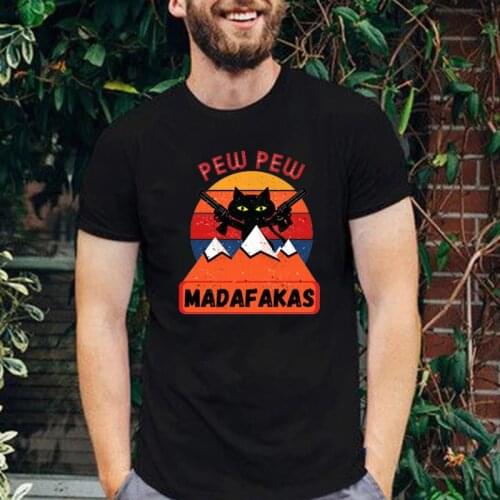 2021 Humor Funny Pew Pew Madafakas Animal Man T Shirt Retro Cute Pew Pew Style Sloth Cat Printed Tee Cotton Loose Casual Tops