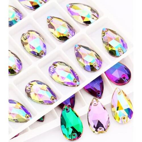 Glowing Multicolored K9 Glass Sew on Stones Tear Drop Strass Crystal Rhinestones Flat Back Buttons Sew on Clothing Crafts Bags