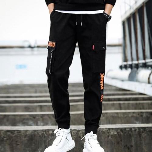 Men cargo pants 2021 new spring and autumn pockets cotton letter male ankle-length pants teenager boys black army green n64