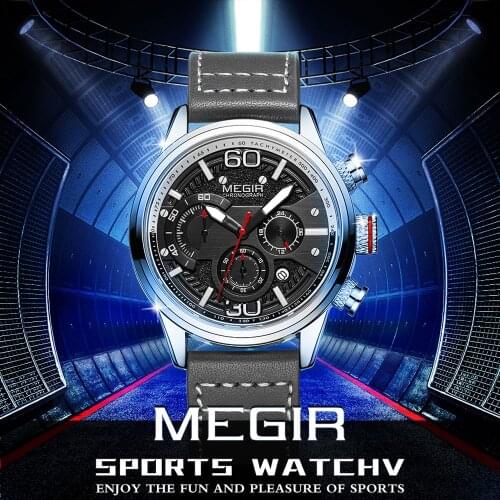 MEGIR Luxury Brand Men Leather Waterproof Sports Watches Mens Army Military Watch Man Chronograph Quartz Clock Relogio Masculin