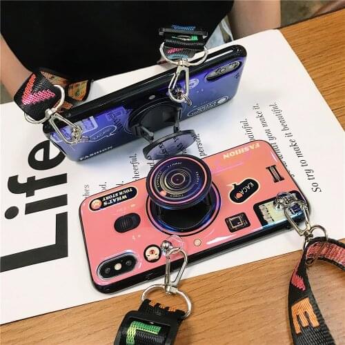 3D Camera style Grip Stand and Lanyard phone case For Huawei Honor 20 pro 9 10 lite v9 v10 v20 7x 7s 8x 8c PLAY soft tpu cover