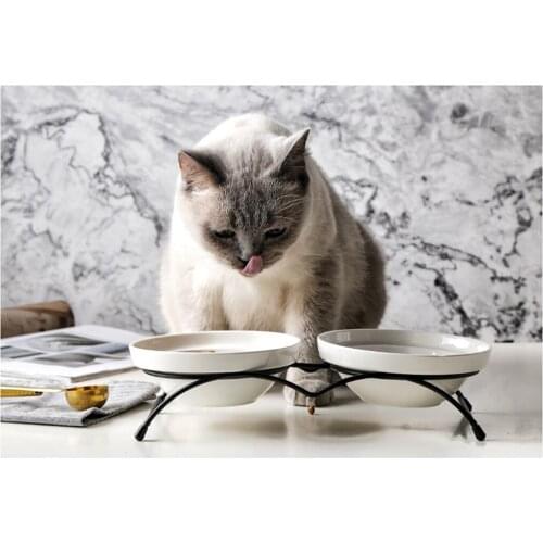 Pet Double Bowl Ceramic Dog Food Water Feeder Non-Slip Cat Food Bowl Kitten Puppy Water Bowl With Rack Practical Pet Supplies