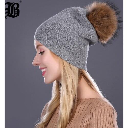 [FLB] Winter Hats for Women Warm Wool Beanies Hat 2018 New Fashion Double Caps With Rhinestones Real Mink Fur Pom Pom FLBMX17012