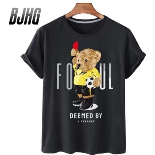 100% Cotton Cartoon Football Bear Short-sleeved T-shirt Female Half-sleeved 2021 Summer Casual Oversized T-shirt Male Shirt 4XL