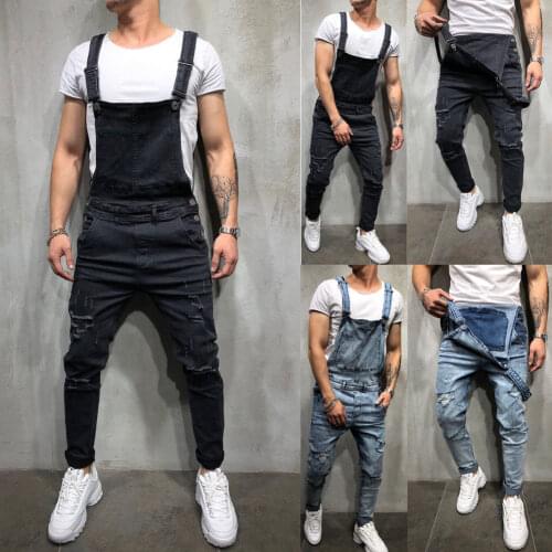 Mens Distressed Denim Carpenter Overalls Bib Jumpsuits Moto Biker Jean Pants