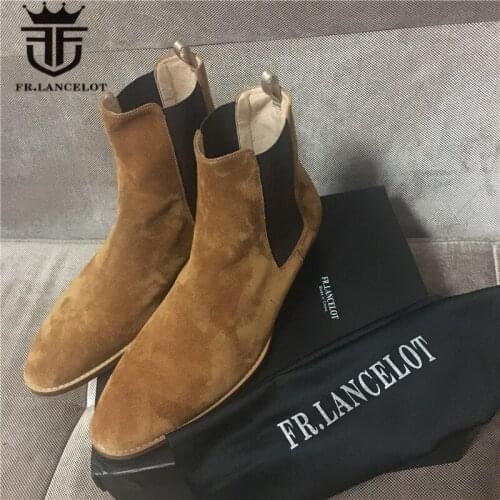 High End Handmade Cow Mens Suede Luxury Chelsea Boots Hot Street West Quality Slip-On Genuine Leather Denim Boots