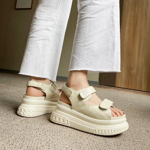 New Genuine Leather Womens Shoes Casual Hook & Loop Summer Sandals Platform Flat Ladies Shoes Handmade Shoes Women Size 34-39