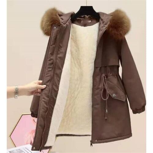 2021 New Fur collar Winter Jacket Womens Plus velvet Thick Hooded Tooling Cotton Coat Plus size Loose Warm Snow Outwear Female