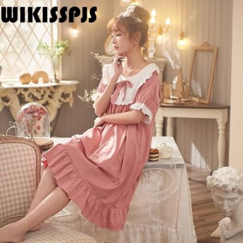 2021 Summer new pajamas female princess style home wear short-sleeved nightdress lace home wear onesie Cotton Round Neck