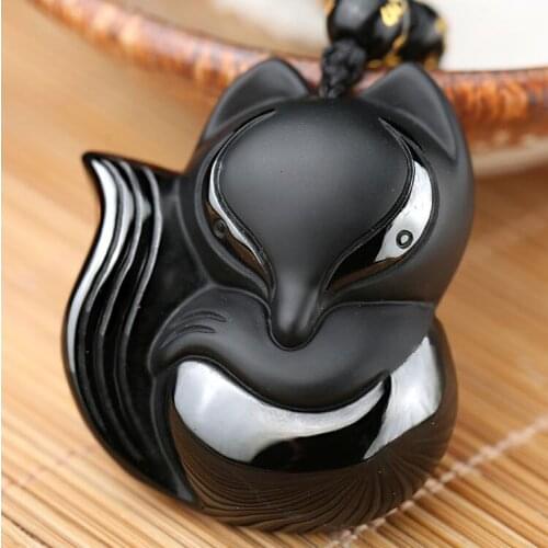 Charming 43x38mm 36x32mm Chinese Handwork Black Obsidian Hand-Carved Lucky Fox Amulet pendant necklace woman mans Jewelry