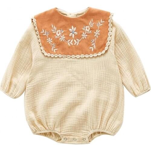 Solid Color Autumn Newborn Infant Baby Girls Linen Bodysuit Outfits Jumpsuit Embroidery Flower Kids Bodysuits