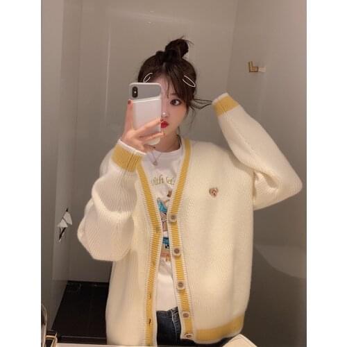 2020 Autumn Elegant Female Knitted Cardigan V-neck Long Sleeve Loose Women Embroidery Open Stitch Female Tops Outwear