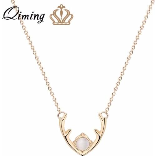 QIMING Pure Antlers Blue Stone Necklace For Women Gold fashion Deer Horn Pendant Trendy Retro Wedding Necklace fashion Jewelry