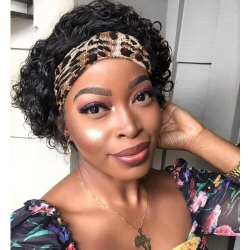 Deep Wave Headband Wig Human Hair Wigs Short Jerry Curly Human Hair Wig Full Machine Made Wig For Black Women 150% Density