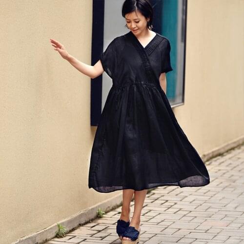 MICOCO Q3156C Art retro ramie v-neck thin breathable thin medium long short sleeves dress