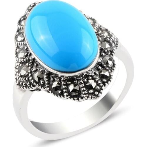 Silver 925 Sterling Turquoise & Marcasite Ring