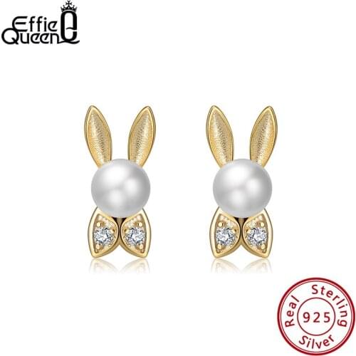 Effie Queen Cute Animal 925 Silver Small Stud Earring Freshwater Pearls Rabbit Shape Earring Jewelry Party Gift Wholesale EQE01