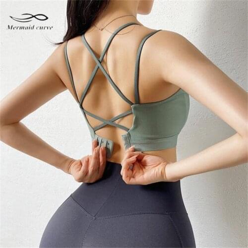 Mermaid Curve Fixed Chest Pad Yoga Bra Women Full Cup Shockproof Sports Bra Adjustable Back Buckle Push Up Gym Running Yoga Top