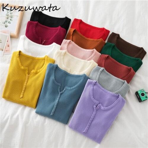 Kuzuwata Spring Candy Color O Neck Pullovers Sweaters Knit Bottoming Long Sleeve T Shirts 2021 New Chic Button Slim Fit Tops