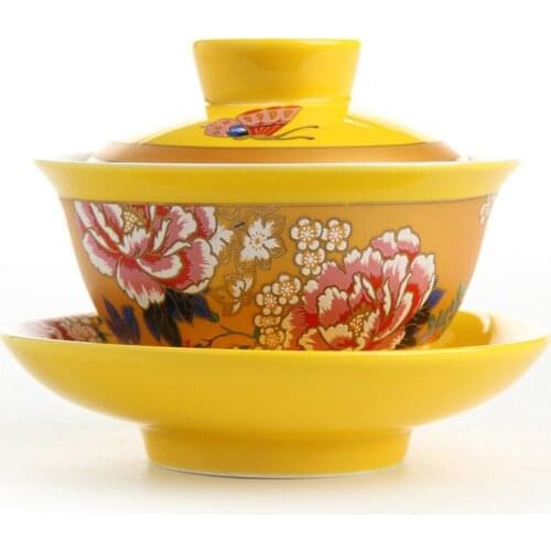 Yellow tea tureen traditional antique tea bowl cup red flower wedding ceramic gaiwan tray porcelain marry newlywed gift