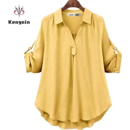Plus Size 4XL Women Blause European Style Ladies Shirts 2021 Spring Summer Loose Blouse Long Sleeve Tops Brand OL Clothes KN127