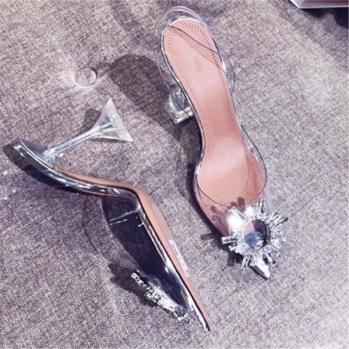 Women Sandals Clear PVC Pointed Toe Crystal Sun Flower Fashion Transparent Higher Heels Classic Female Slipper