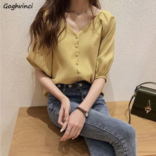 Blouses Shirts Women Summer Chiffon M-4XL V-neck Single-breasted Elegant Lantern Sleeve Leisure Korean Style Loose All-match New