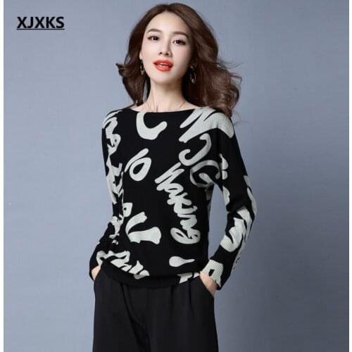 XJXKS Fashion slash collar women printed sweater 2021 autumn winter new high-end wool knitted sweater women pullover