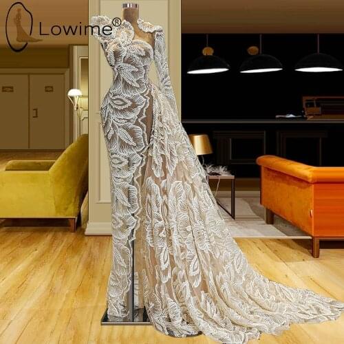 Lowime Sexy Illusion Lace Evening Dresses For Women 2021 Long Sleeve Luxury Pearls Wedding Party Gowns Formale Robes