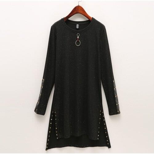Women Black T shirt Dress Spring Autumn 2021 Streetwear Style Fashion Long Sleeve Patchwork PU Leather Rivet Dresses