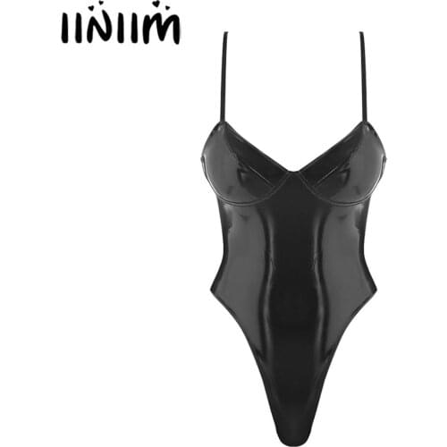 Womens Wetlook Patent Leather Lingerie Teddies Bodysuit Sexy Pole Clubwear Costumes Spaghetti Straps High Cut Bodycon Catsuit