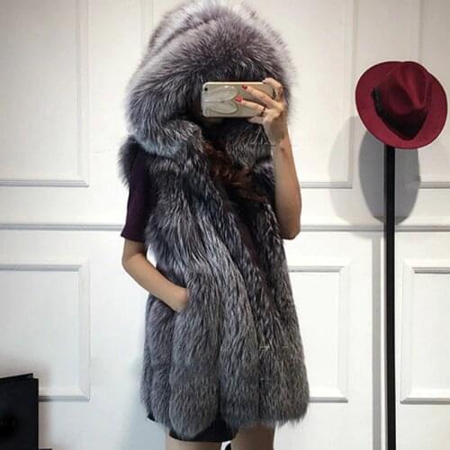 2018 New fur vest imitation silver fox fur coat hooded vest vertical stripe medium-long vest large size women faux fur vest coat