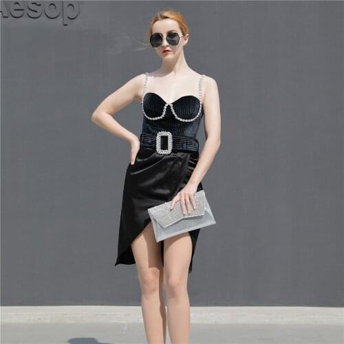 2021 New Elegant Sexy Women Dress Beading Bodycon Party Club Celebrity Black Mini Dress Spaghetti Strap Summer Autumn Clothes