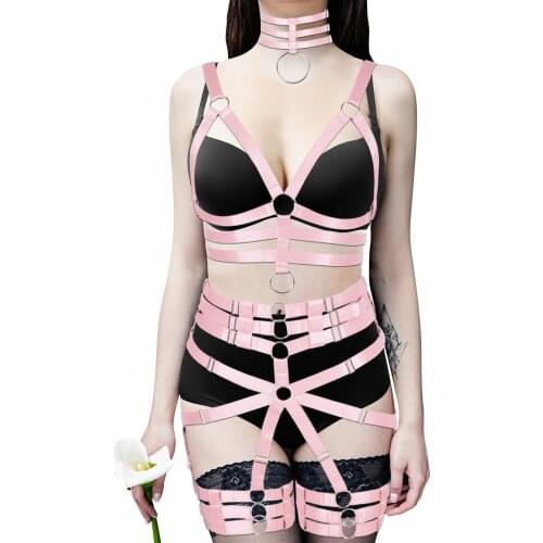 3PC Punk Goth Women Full Body Harness Bra White Caged Top Bust Strappy High Waist Belt Garter Hollow Lingerie Festival Club Wear