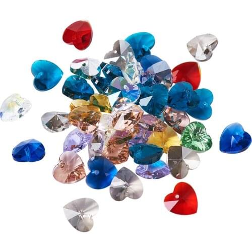 50 pcs Mixed Color Glass Charms Faceted Heart Charms for Valentines Day Jewelry Making 14x14x8mm, Hole: 1mm