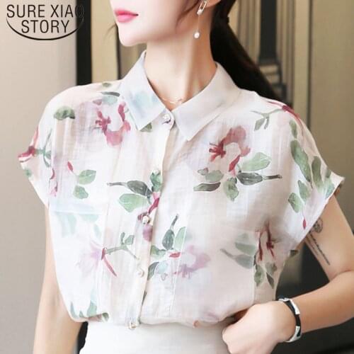 Summer Fashion Casual Short Sleeve Women Chiffon Blouses Turn-down Collar Women Clothing Floral Women Chiffon Tops 5101 50