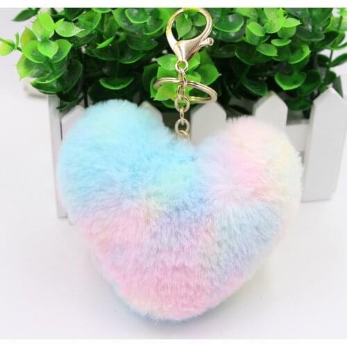 Cute Keychain Multicolor Fake Rabbit Fur Heart Pompom Key Chain Women Girl Bag Cars Pendant Simple Fluffy Keyring Jewelry Gifts