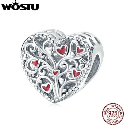 WOSTU Summer New 925 Sterling Silver Tree of Life Charms Red Enamel Love Beads fit Women Bracelets Silver 925 Jewelry CTC279